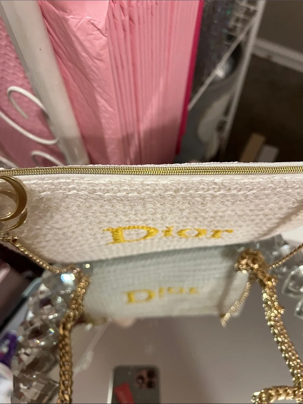 Dior Woven Pouch w-Logo and Gold Chain Attached